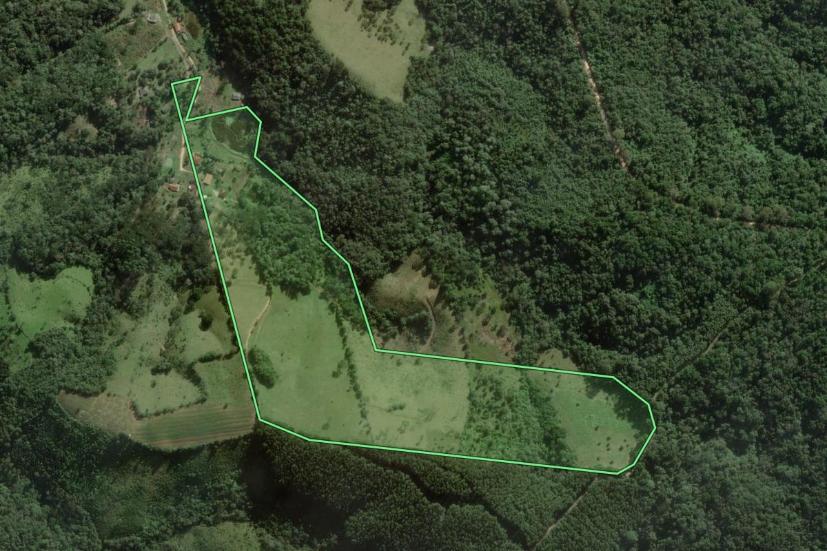 Imagem de satélite do imóvel rural em Campo Largo (PR), com o contorno declarado no CAR desenhado por cima.