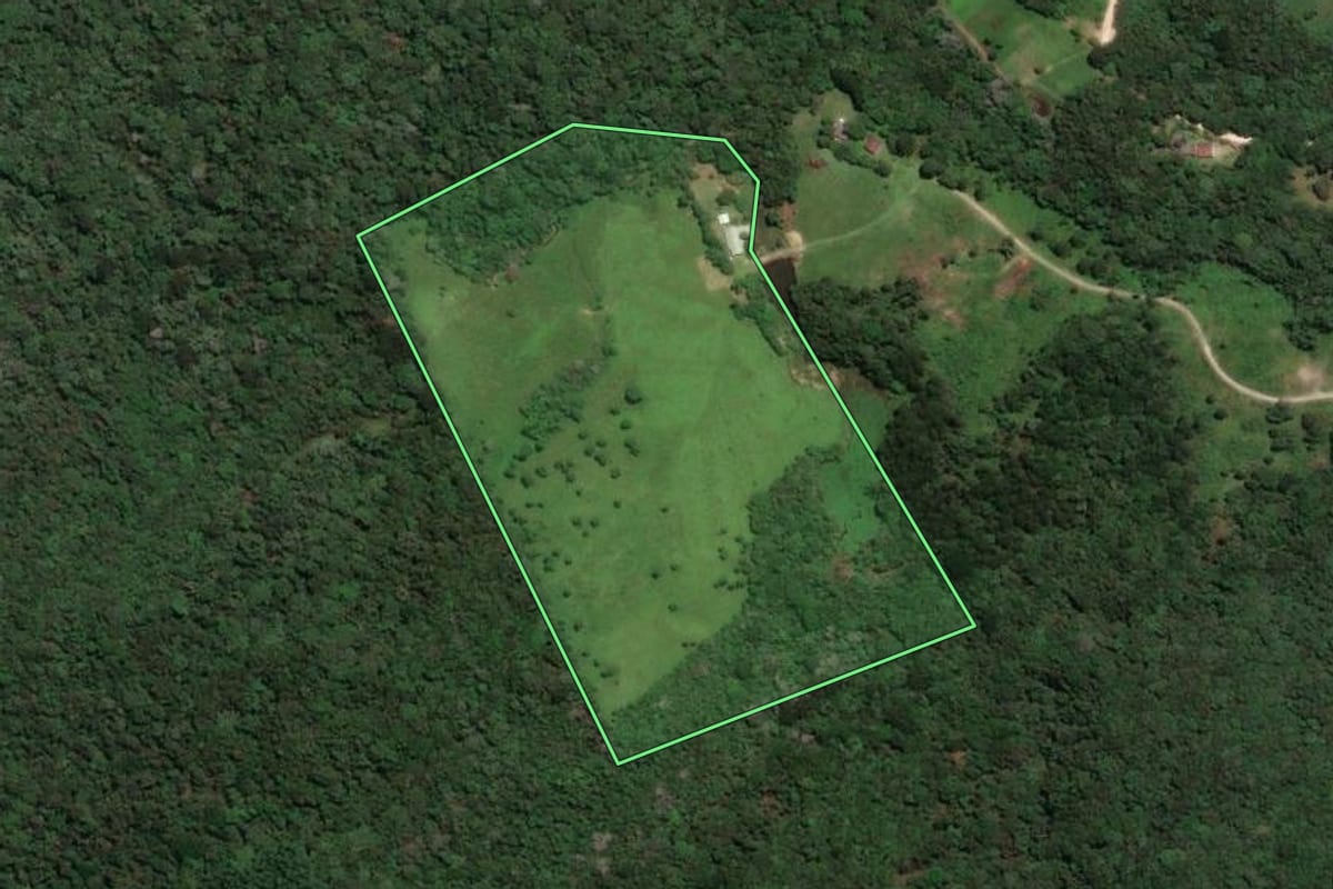 Imagem de satélite do imóvel rural em Campo Largo (PR), com o contorno declarado no CAR desenhado por cima.
