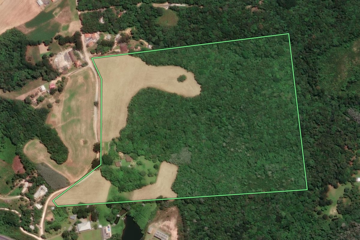 Imagem de satélite do imóvel rural em Campo Largo (PR), com o contorno declarado no CAR desenhado por cima.