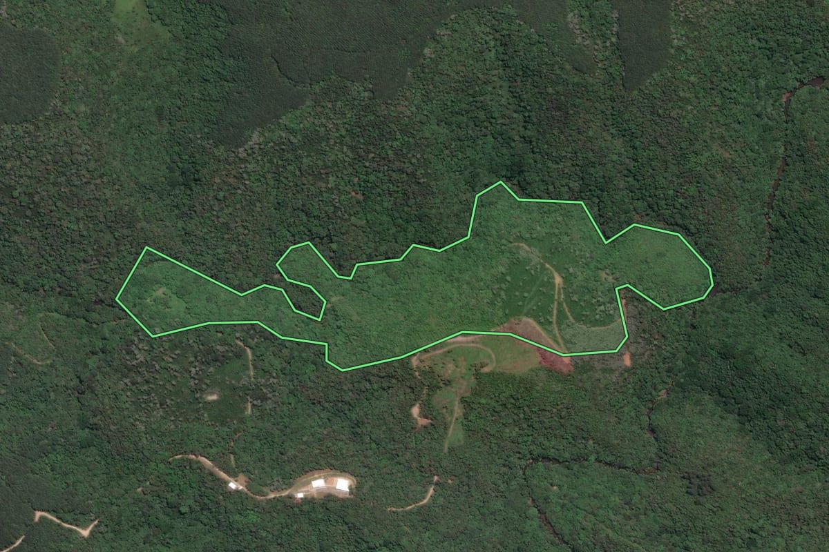 Imagem de satélite do imóvel rural em Campo Largo (PR), com o contorno declarado no CAR desenhado por cima.