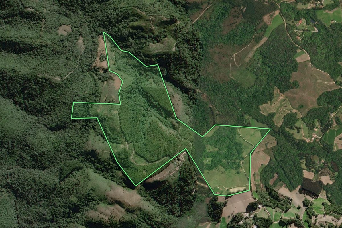 Imagem de satélite do imóvel rural em Campo Largo (PR), com o contorno declarado no CAR desenhado por cima.