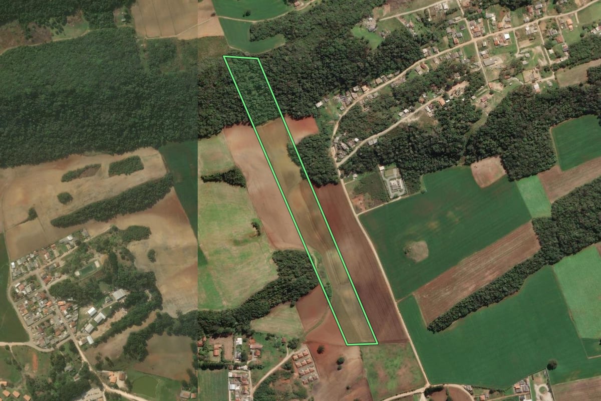 Imagem de satélite do imóvel rural em Campo Magro (PR), com o contorno declarado no CAR desenhado por cima.