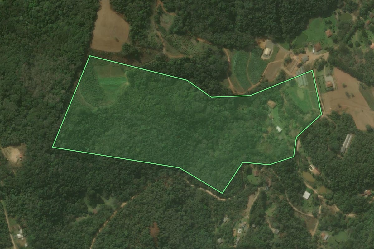 Imagem de satélite do imóvel rural em Campo Magro (PR), com o contorno declarado no CAR desenhado por cima.