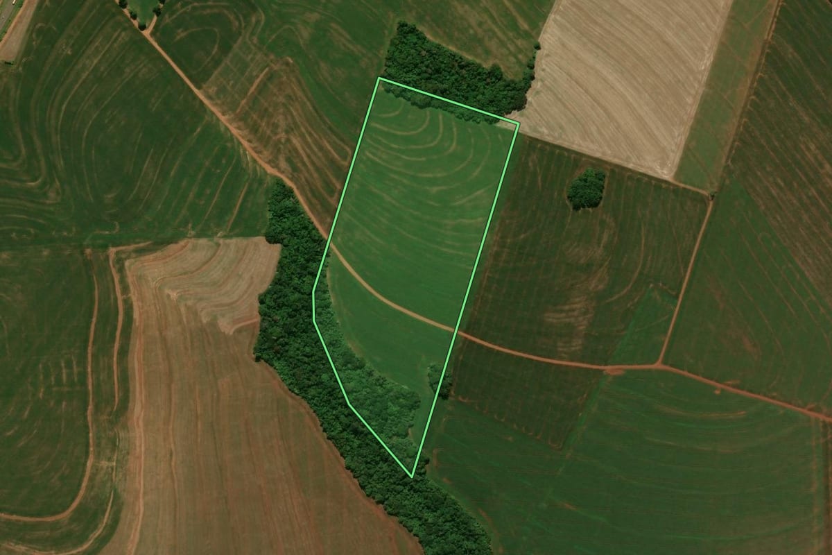 Imagem de satélite do imóvel rural em Campo Mourão (PR), com o contorno declarado no CAR desenhado por cima.