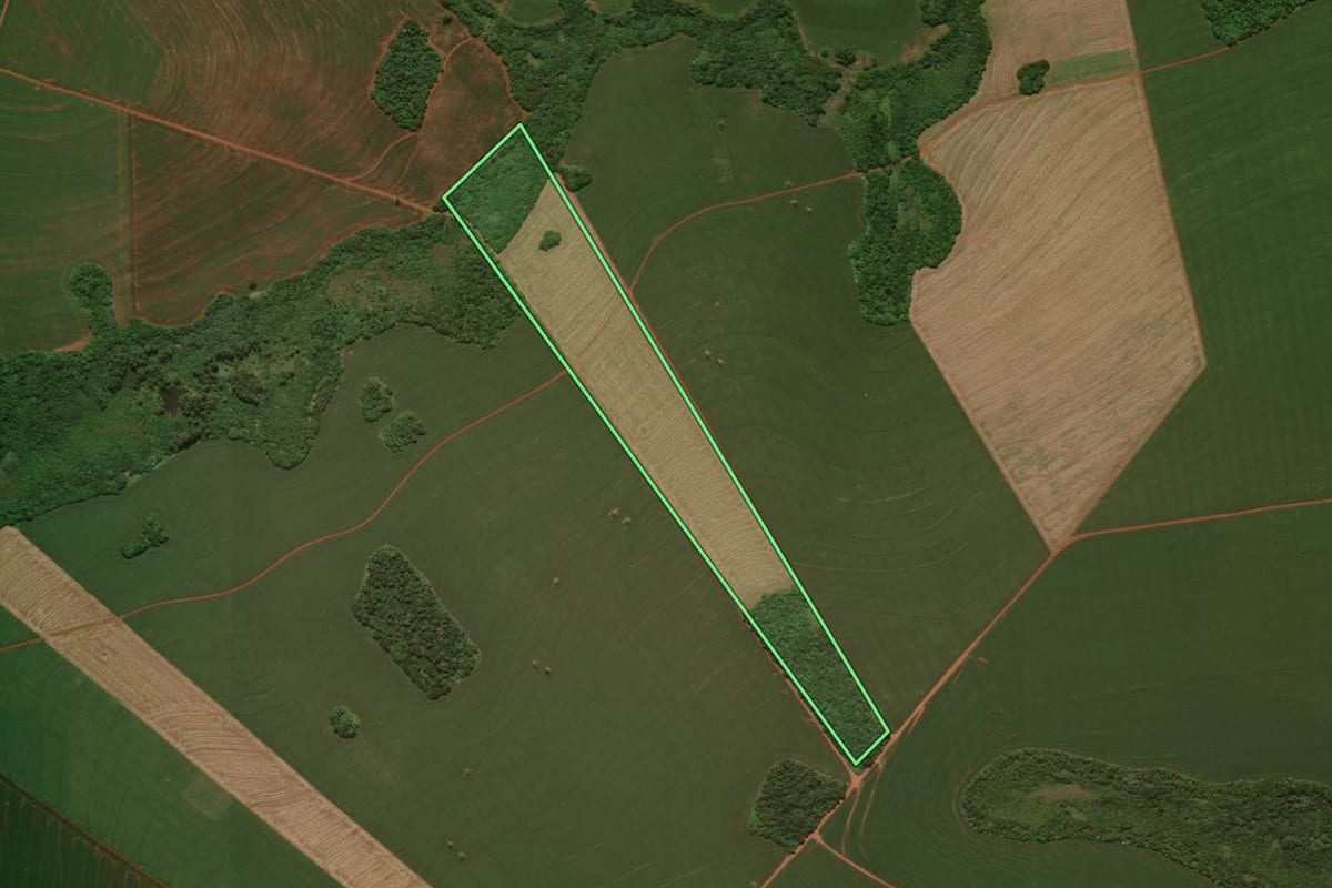 Imagem de satélite do imóvel rural em Campo Mourão (PR), com o contorno declarado no CAR desenhado por cima.