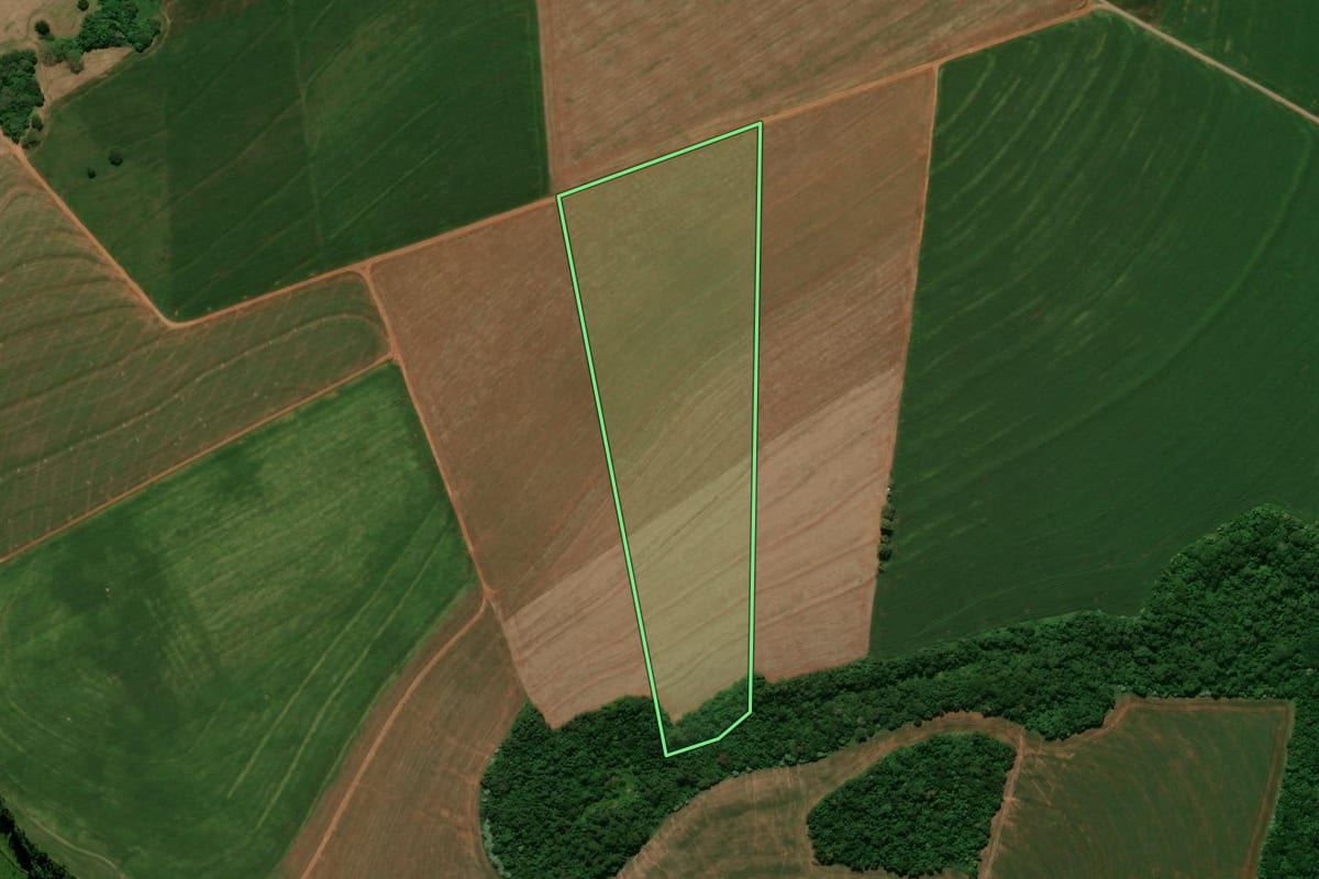 Imagem de satélite do imóvel rural em Campo Mourão (PR), com o contorno declarado no CAR desenhado por cima.