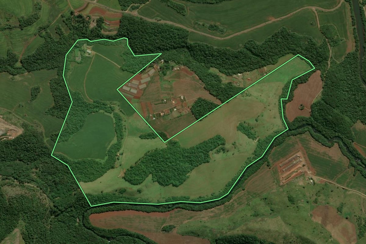 Imagem de satélite do imóvel rural em Campo Mourão (PR), com o contorno declarado no CAR desenhado por cima.