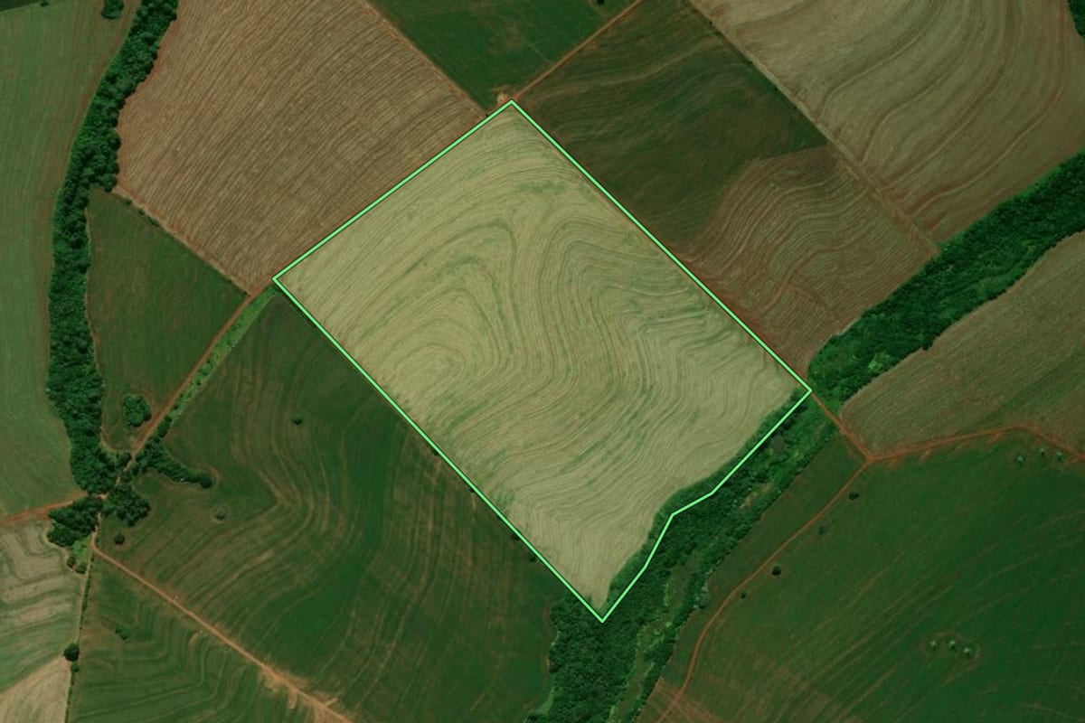 Imagem de satélite do imóvel rural em Campo Mourão (PR), com o contorno declarado no CAR desenhado por cima.