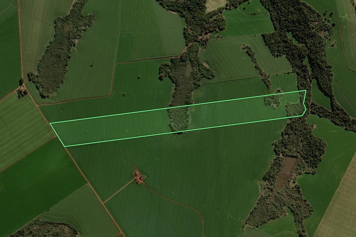 Imagem de satélite do imóvel rural em Campo Mourão (PR), com o contorno declarado no CAR desenhado por cima.