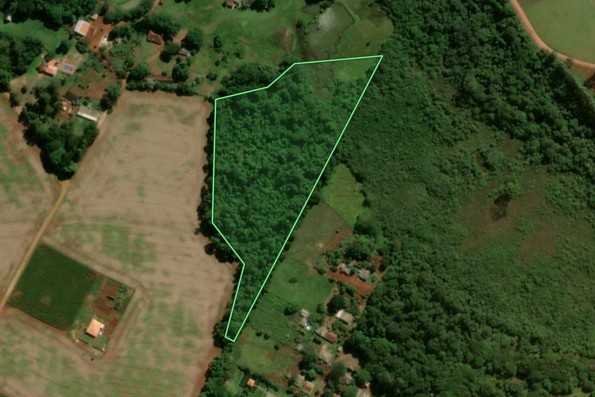 Imagem de satélite do imóvel rural em Campo Mourão (PR), com o contorno declarado no CAR desenhado por cima.