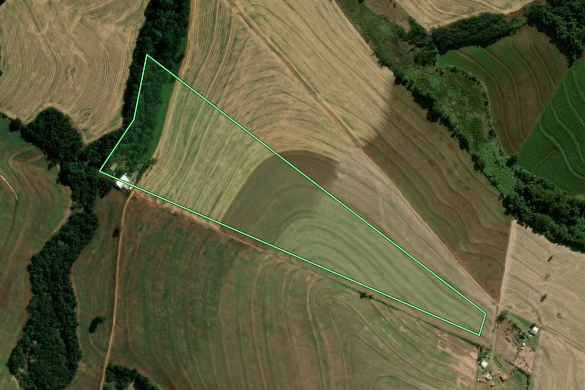 Imagem de satélite do imóvel rural em Campo Mourão (PR), com o contorno declarado no CAR desenhado por cima.