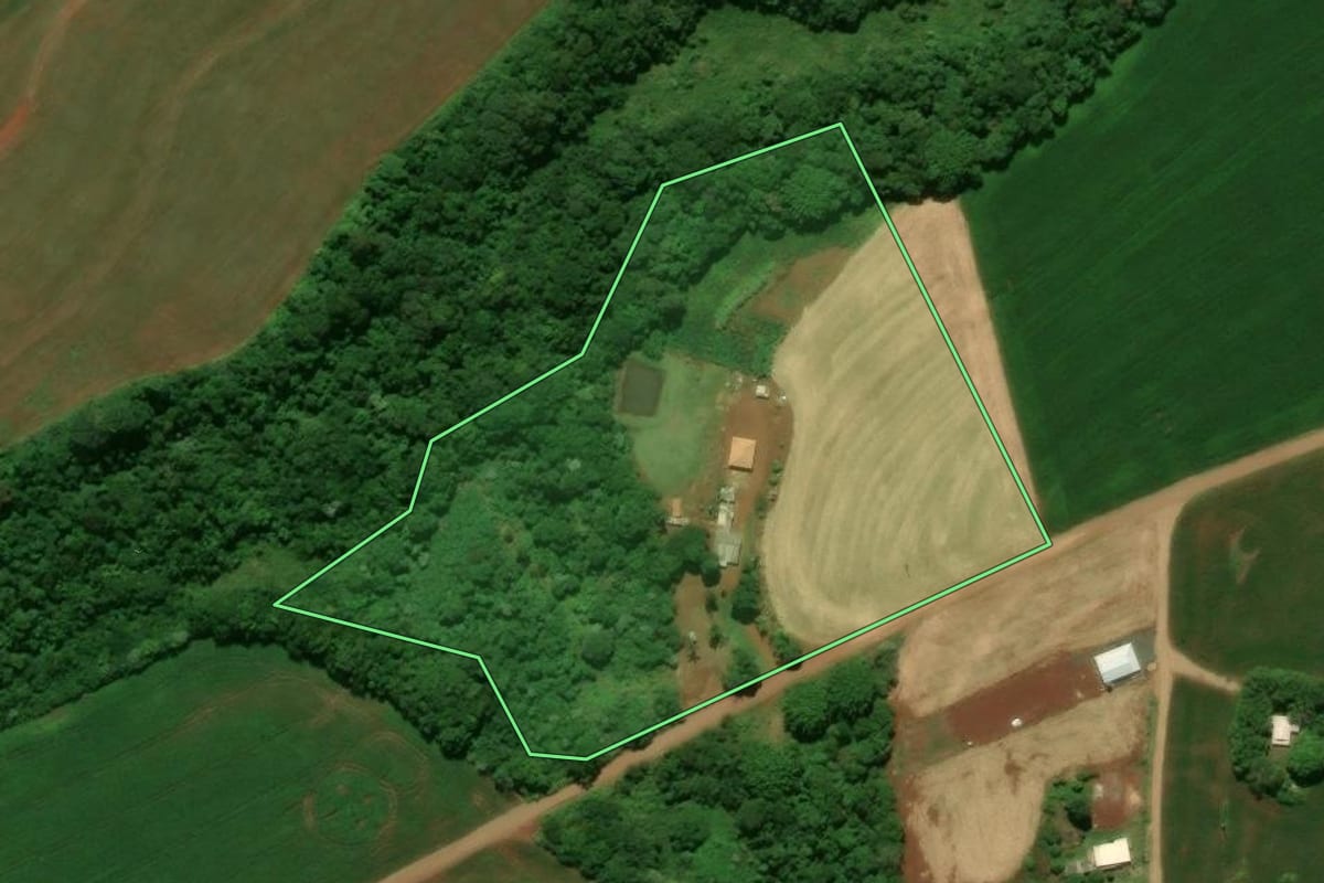Imagem de satélite do imóvel rural em Campo Mourão (PR), com o contorno declarado no CAR desenhado por cima.