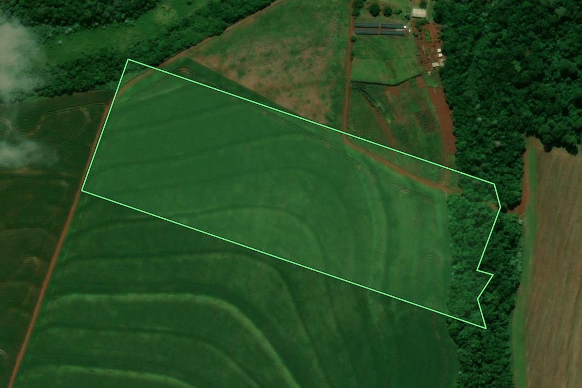 Imagem de satélite do imóvel rural em Campo Mourão (PR), com o contorno declarado no CAR desenhado por cima.