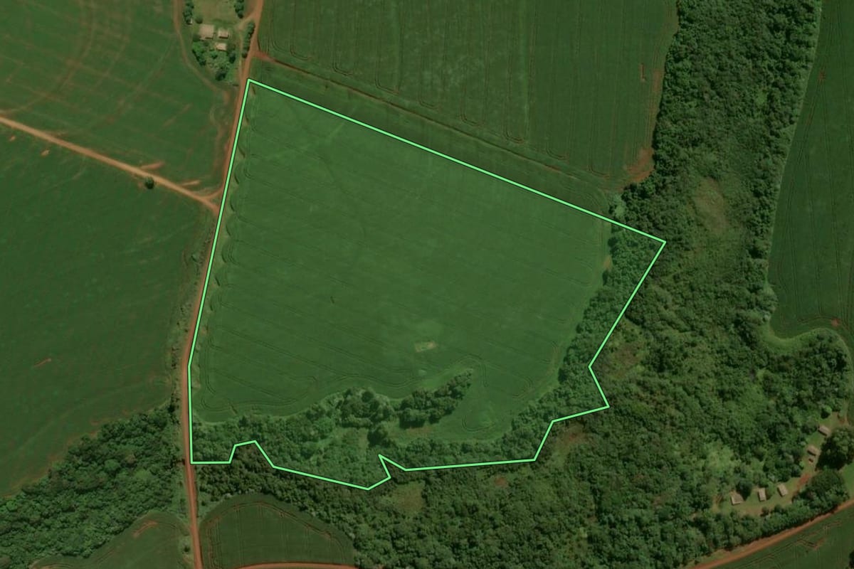 Imagem de satélite do imóvel rural em Campo Mourão (PR), com o contorno declarado no CAR desenhado por cima.