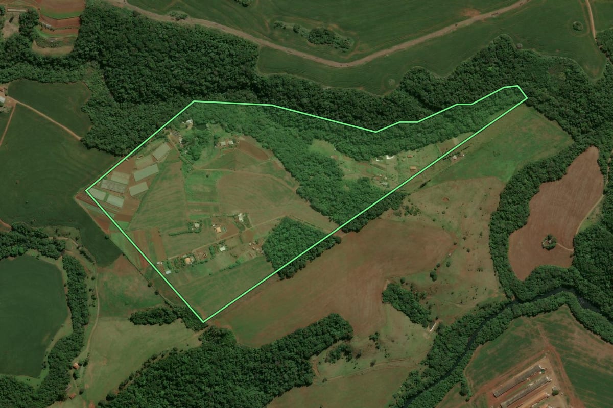 Imagem de satélite do imóvel rural em Campo Mourão (PR), com o contorno declarado no CAR desenhado por cima.