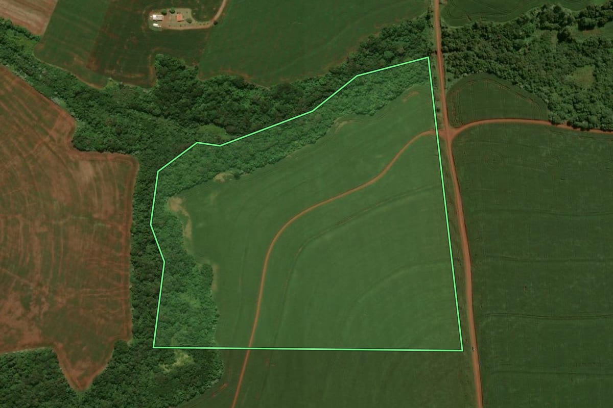 Imagem de satélite do imóvel rural em Campo Mourão (PR), com o contorno declarado no CAR desenhado por cima.