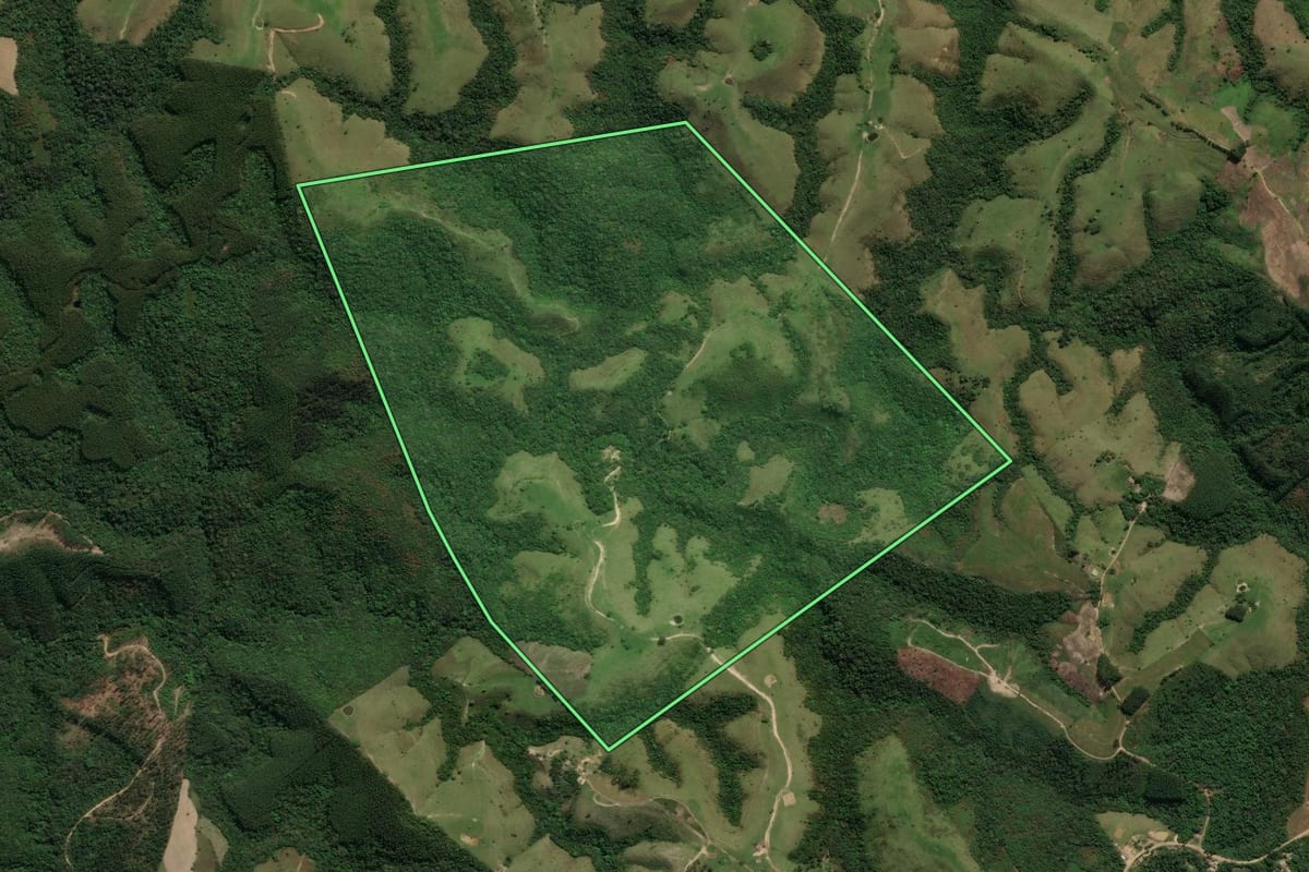 Imagem de satélite do imóvel rural em Cândido de Abreu (PR), com o contorno declarado no CAR desenhado por cima.