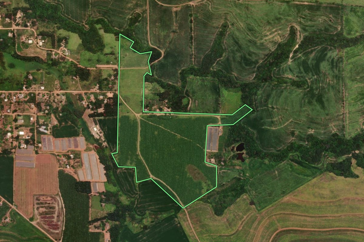 Imagem de satélite do imóvel rural em Cândido de Abreu (PR), com o contorno declarado no CAR desenhado por cima.