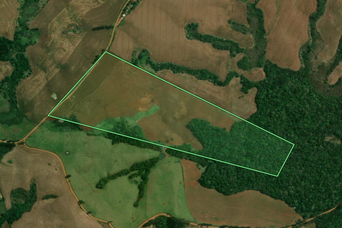 Imagem de satélite do imóvel rural em Cândido de Abreu (PR), com o contorno declarado no CAR desenhado por cima.