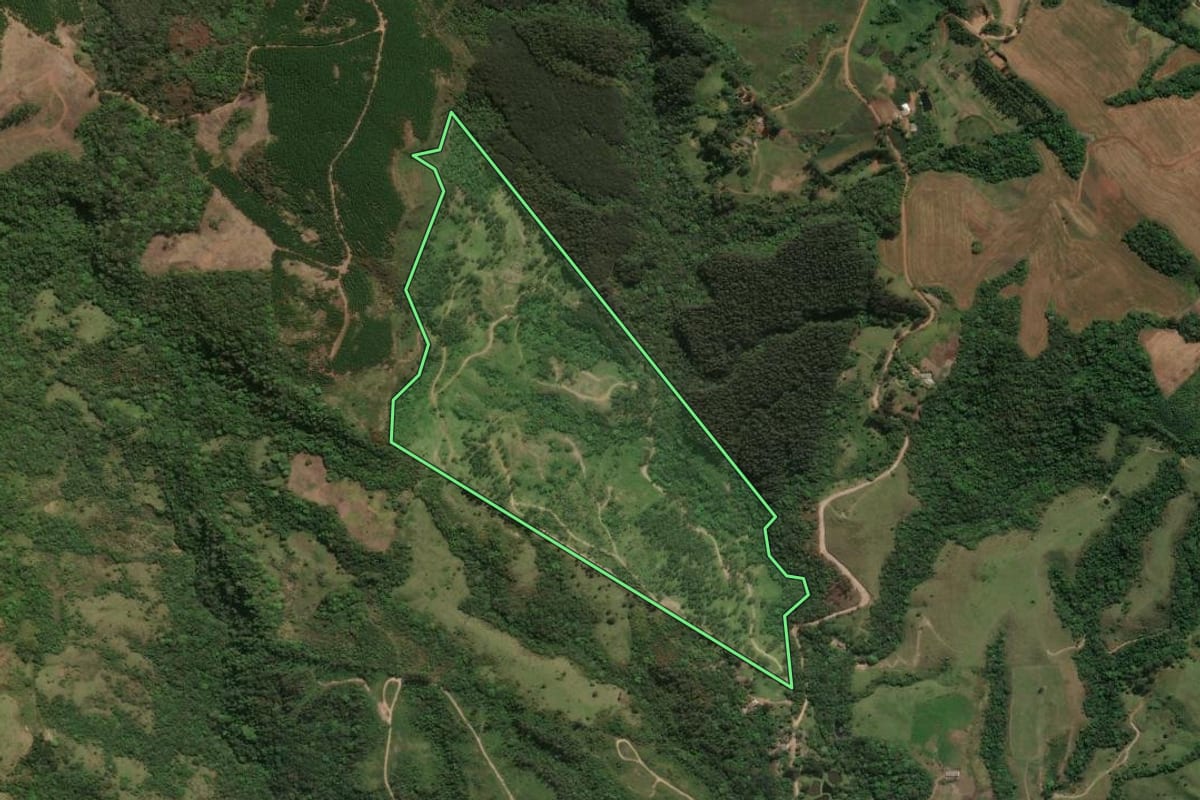 Imagem de satélite do imóvel rural em Cândido de Abreu (PR), com o contorno declarado no CAR desenhado por cima.