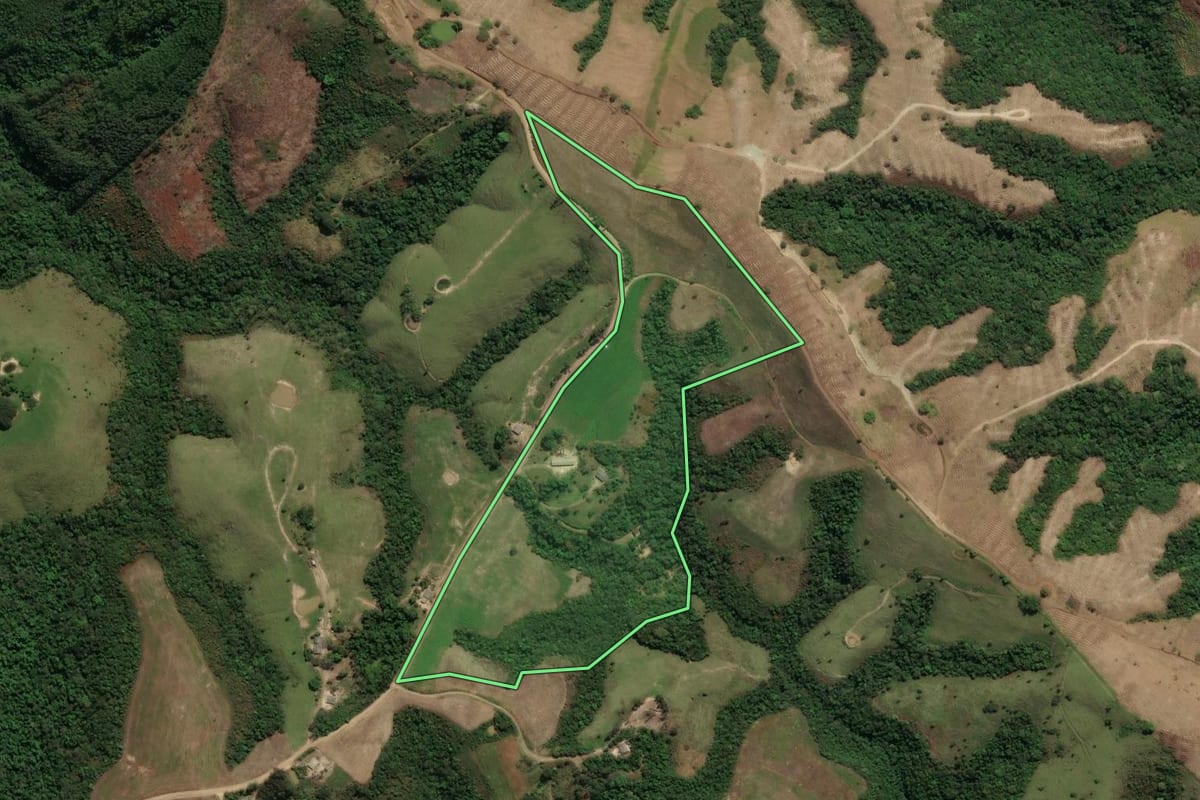 Imagem de satélite do imóvel rural em Cândido de Abreu (PR), com o contorno declarado no CAR desenhado por cima.