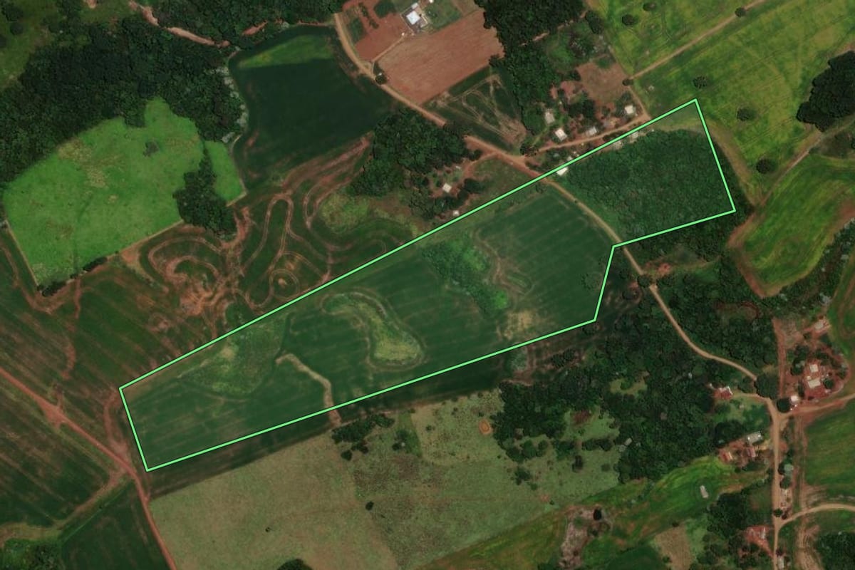 Imagem de satélite do imóvel rural em Cândido de Abreu (PR), com o contorno declarado no CAR desenhado por cima.