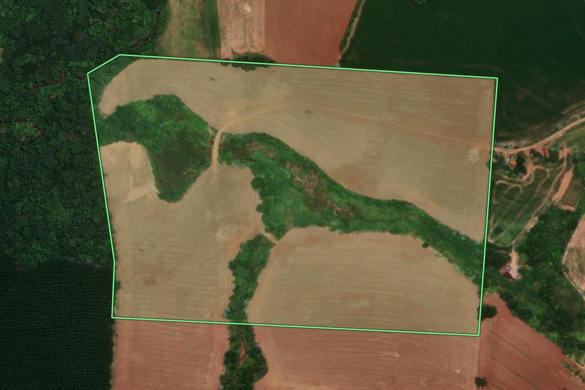 Imagem de satélite do imóvel rural em Cândido de Abreu (PR), com o contorno declarado no CAR desenhado por cima.