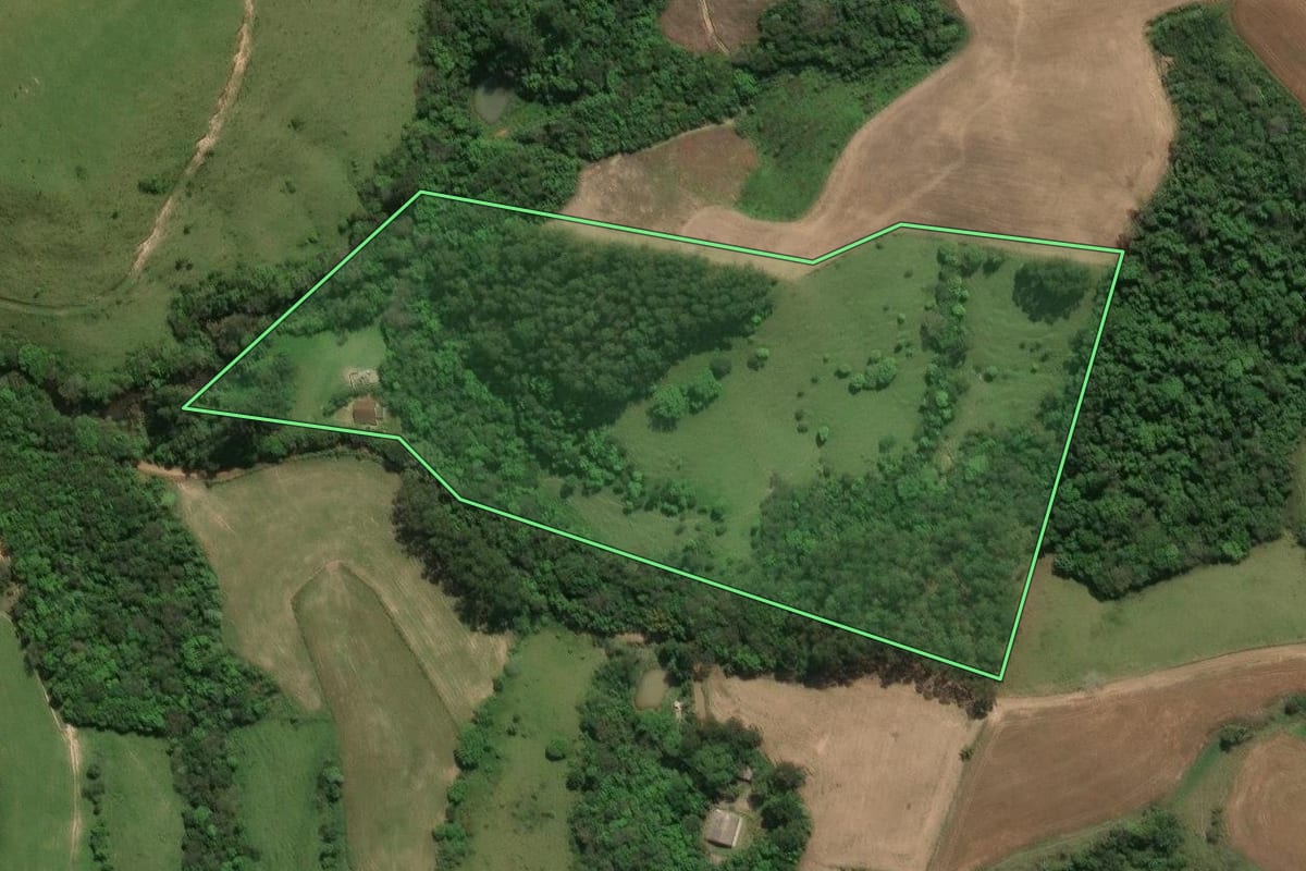 Imagem de satélite do imóvel rural em Cândido de Abreu (PR), com o contorno declarado no CAR desenhado por cima.