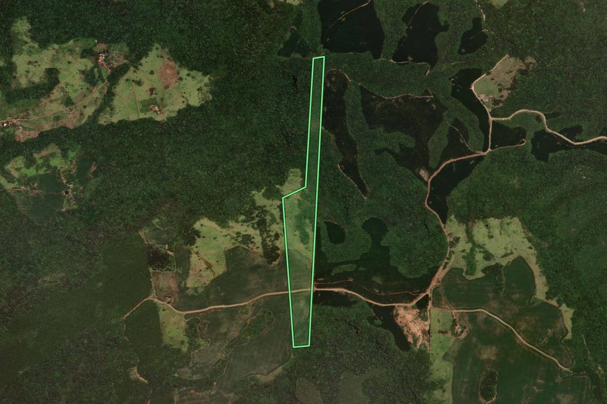 Imagem de satélite do imóvel rural em Cândido de Abreu (PR), com o contorno declarado no CAR desenhado por cima.