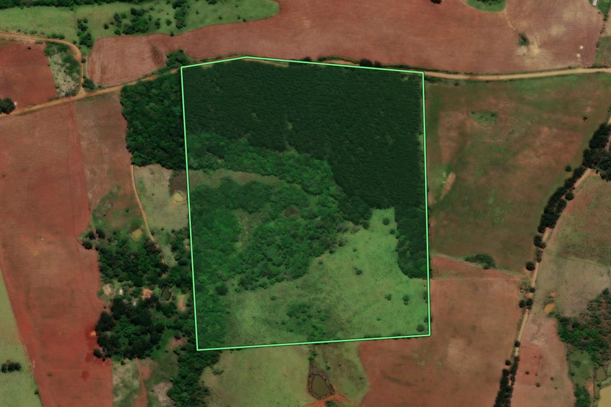 Imagem de satélite do imóvel rural em Cândido de Abreu (PR), com o contorno declarado no CAR desenhado por cima.