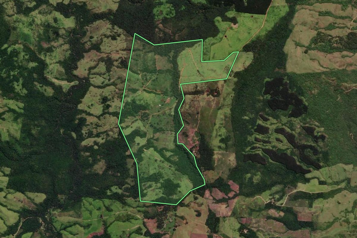 Imagem de satélite do imóvel rural em Cândido de Abreu (PR), com o contorno declarado no CAR desenhado por cima.