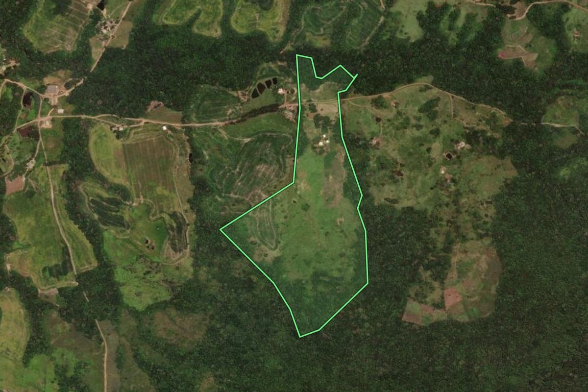 Imagem de satélite do imóvel rural em Cândido de Abreu (PR), com o contorno declarado no CAR desenhado por cima.