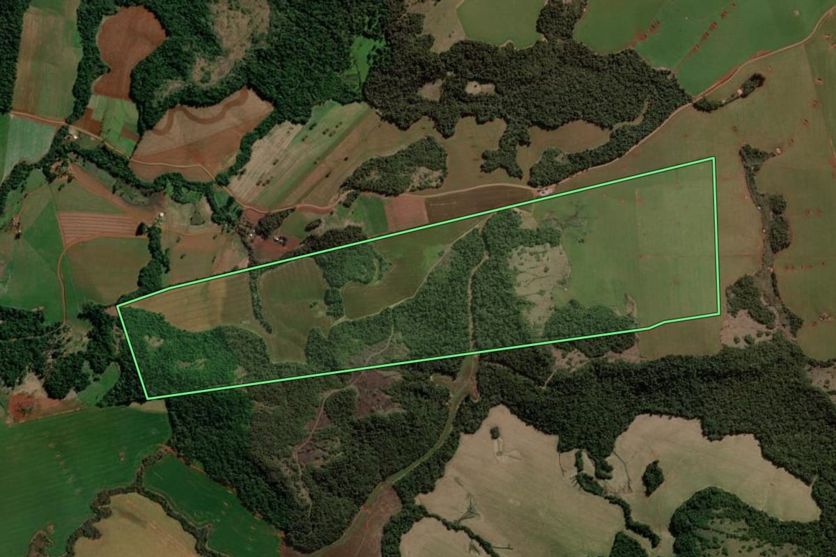 Imagem de satélite do imóvel rural em Candói (PR), com o contorno declarado no CAR desenhado por cima.