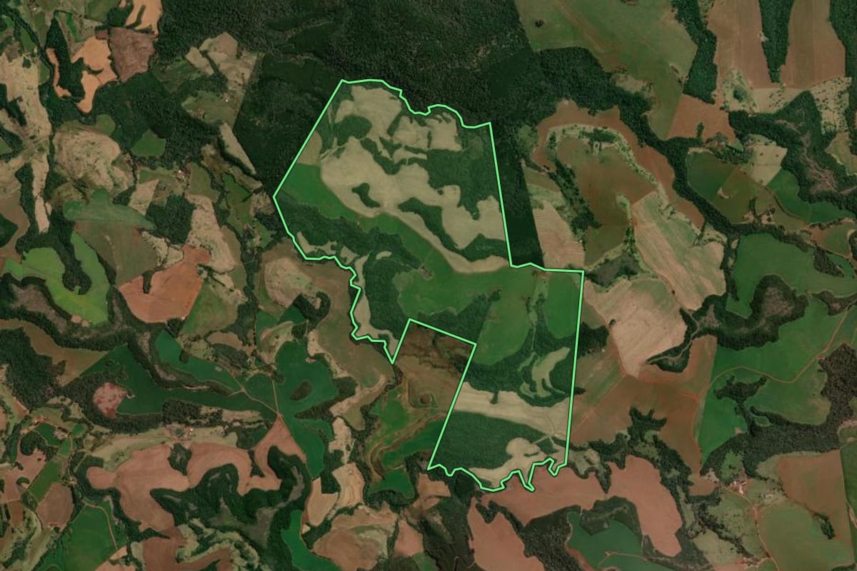 Imagem de satélite do imóvel rural em Candói (PR), com o contorno declarado no CAR desenhado por cima.