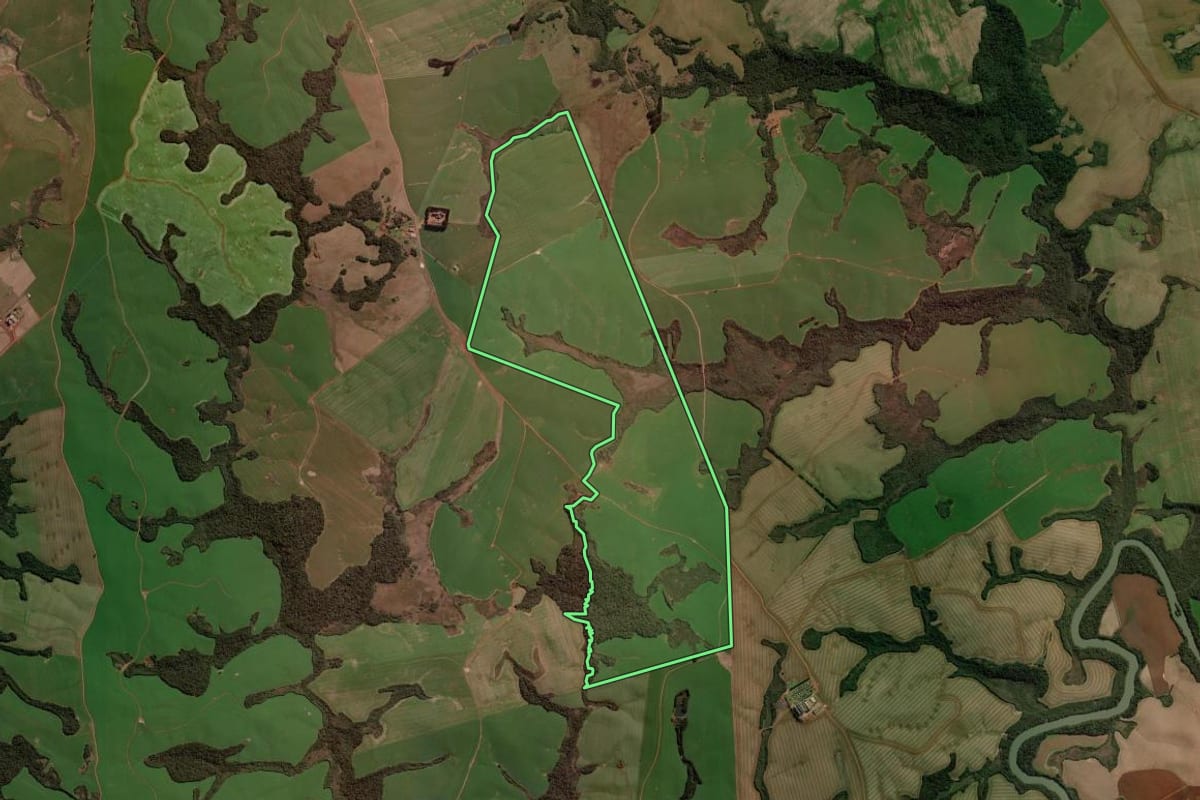 Imagem de satélite do imóvel rural em Candói (PR), com o contorno declarado no CAR desenhado por cima.