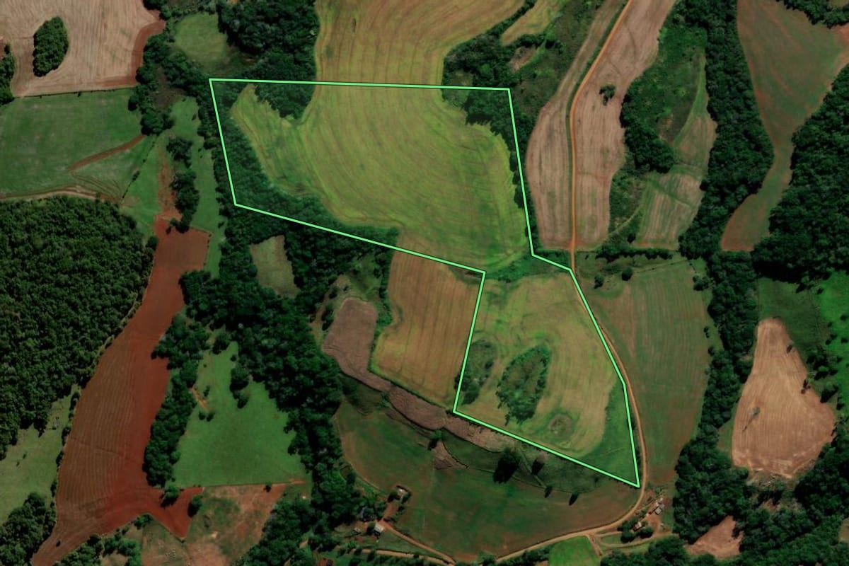 Imagem de satélite do imóvel rural em Candói (PR), com o contorno declarado no CAR desenhado por cima.