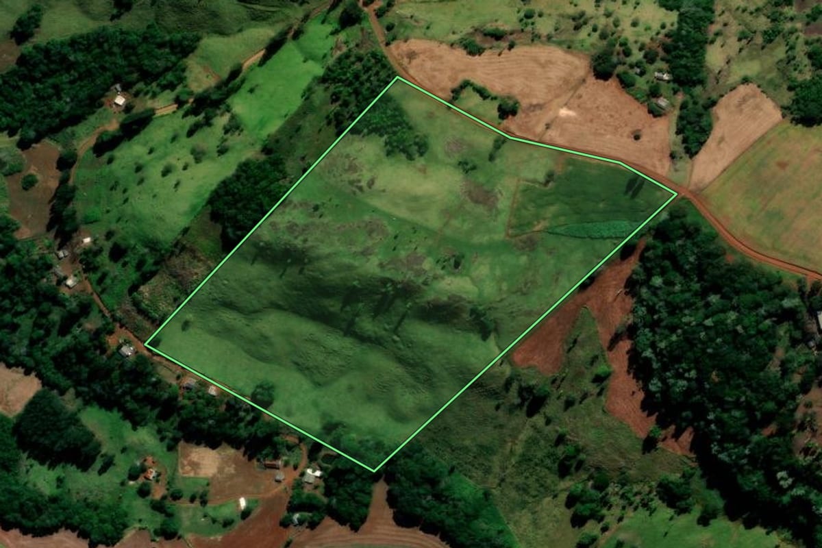 Imagem de satélite do imóvel rural em Candói (PR), com o contorno declarado no CAR desenhado por cima.