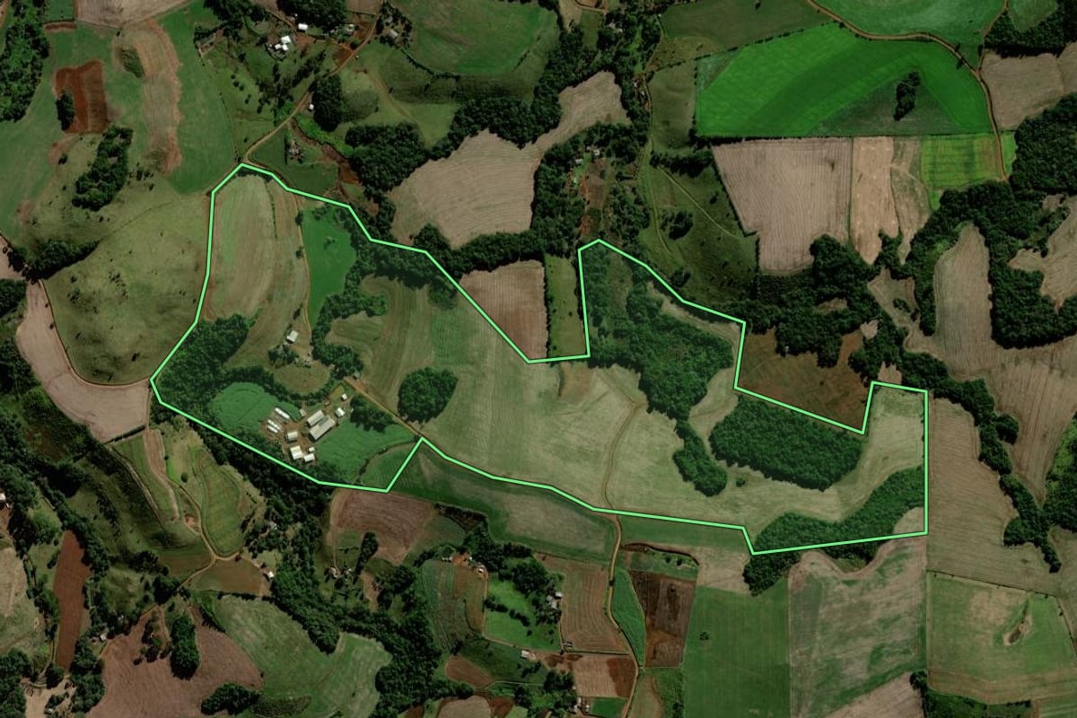 Imagem de satélite do imóvel rural em Candói (PR), com o contorno declarado no CAR desenhado por cima.
