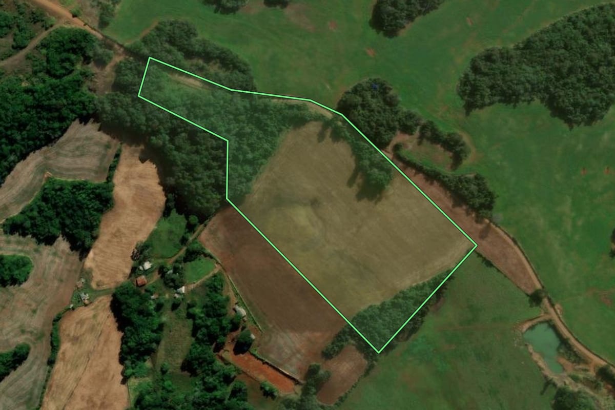 Imagem de satélite do imóvel rural em Candói (PR), com o contorno declarado no CAR desenhado por cima.