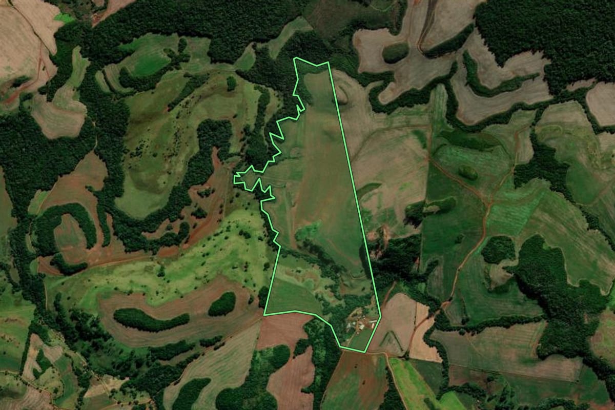 Imagem de satélite do imóvel rural em Candói (PR), com o contorno declarado no CAR desenhado por cima.