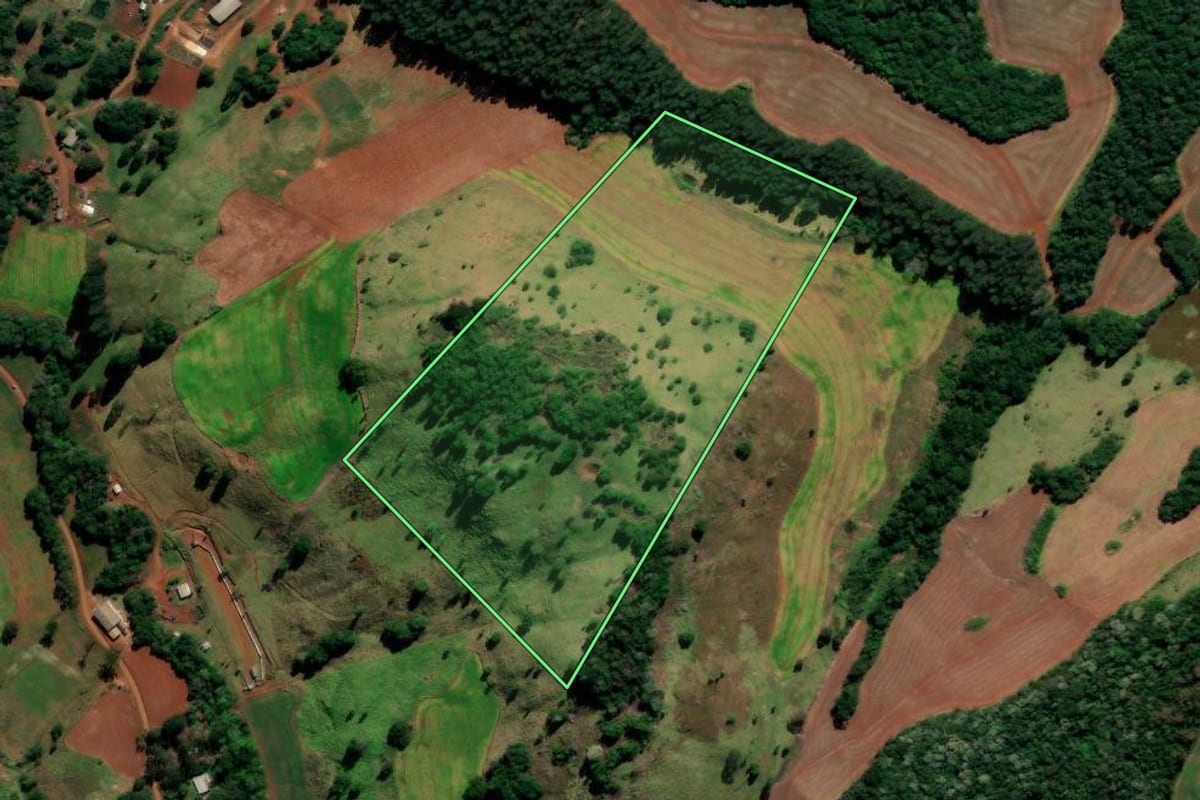 Imagem de satélite do imóvel rural em Candói (PR), com o contorno declarado no CAR desenhado por cima.