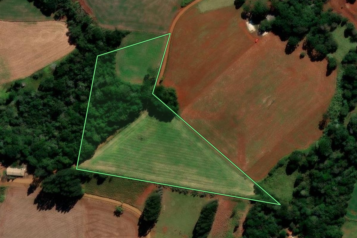 Imagem de satélite do imóvel rural em Candói (PR), com o contorno declarado no CAR desenhado por cima.