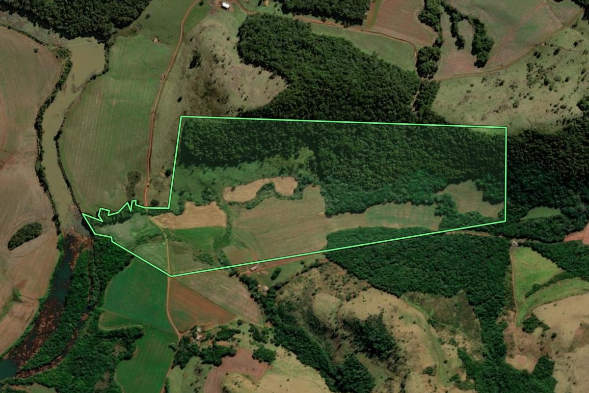 Imagem de satélite do imóvel rural em Candói (PR), com o contorno declarado no CAR desenhado por cima.