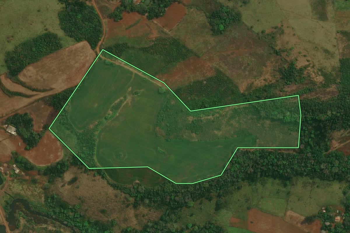 Imagem de satélite do imóvel rural em Candói (PR), com o contorno declarado no CAR desenhado por cima.