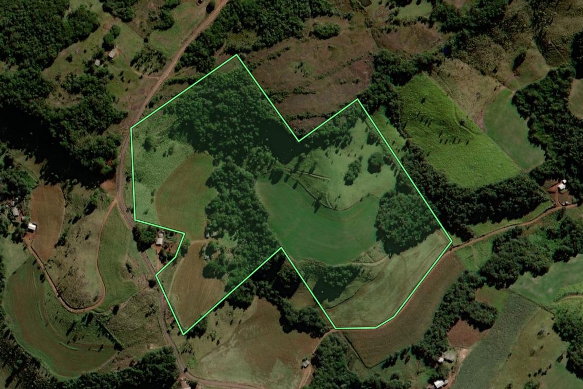 Imagem de satélite do imóvel rural em Candói (PR), com o contorno declarado no CAR desenhado por cima.