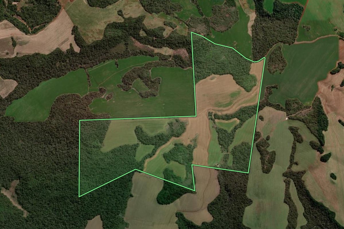 Imagem de satélite do imóvel rural em Candói (PR), com o contorno declarado no CAR desenhado por cima.