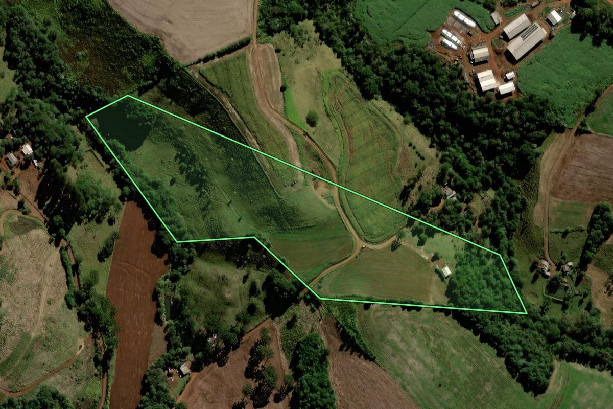 Imagem de satélite do imóvel rural em Candói (PR), com o contorno declarado no CAR desenhado por cima.
