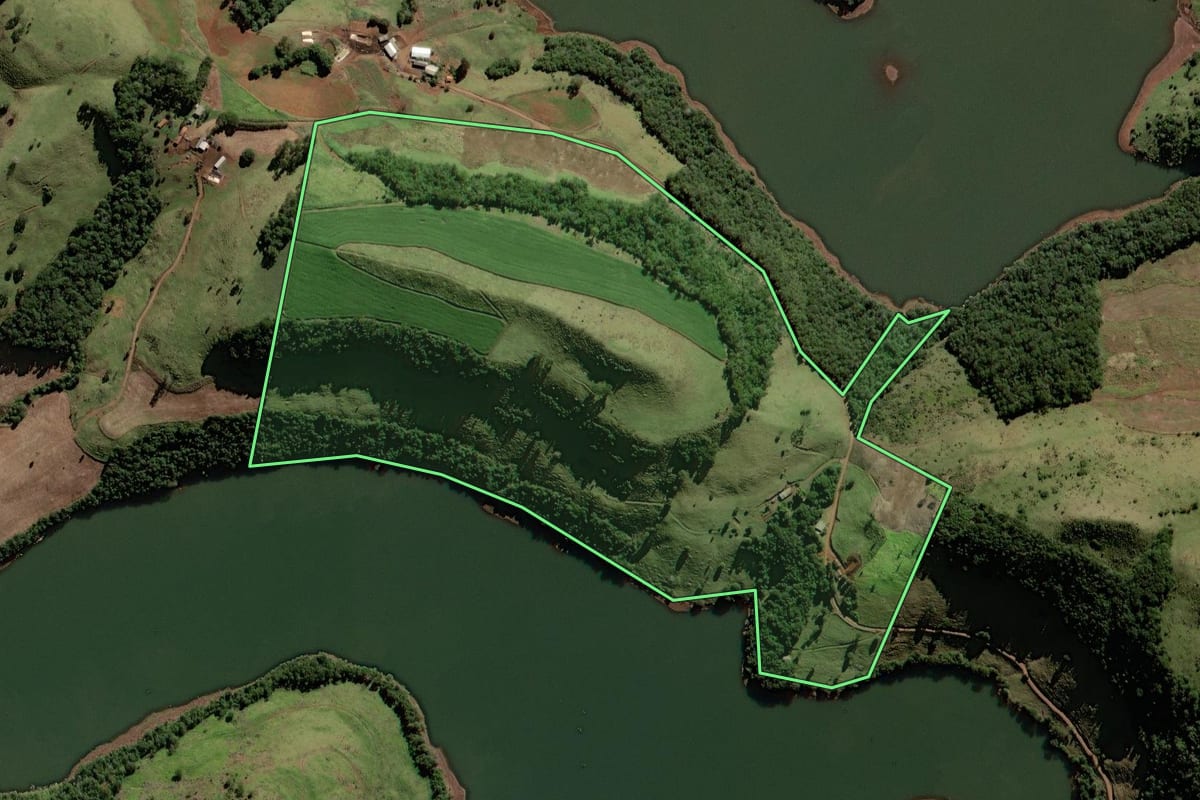 Imagem de satélite do imóvel rural em Candói (PR), com o contorno declarado no CAR desenhado por cima.
