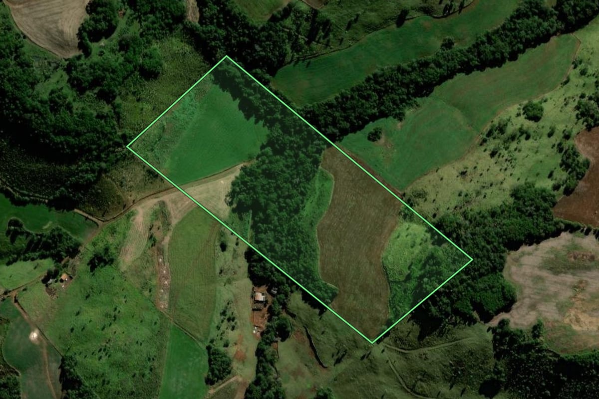 Imagem de satélite do imóvel rural em Candói (PR), com o contorno declarado no CAR desenhado por cima.