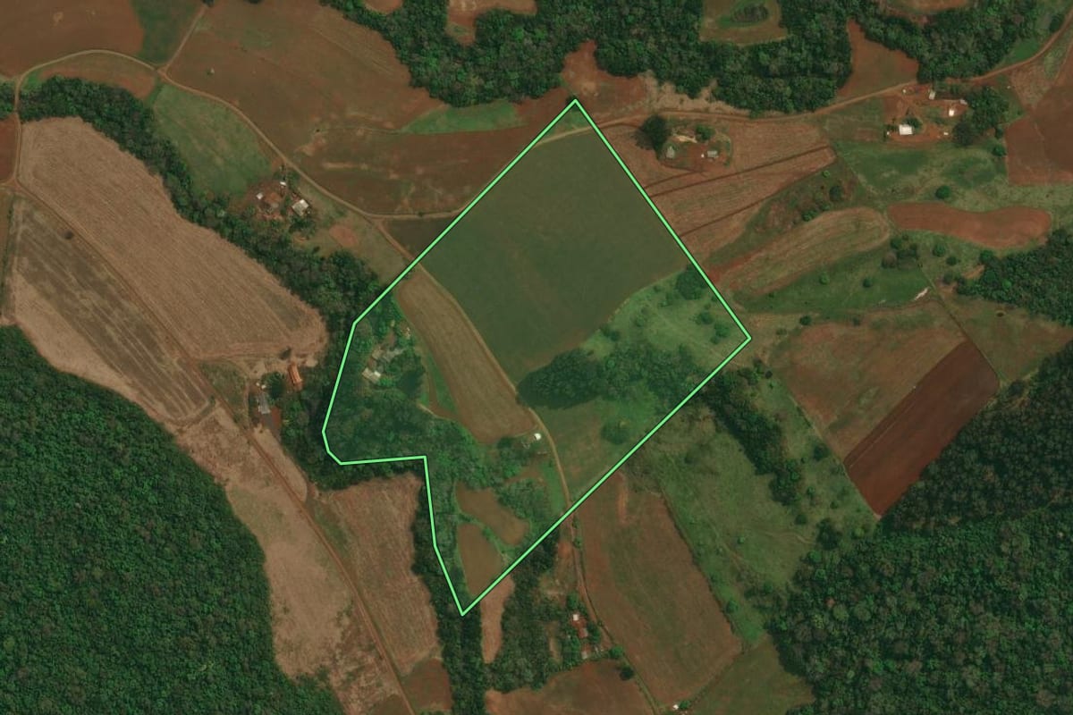 Imagem de satélite do imóvel rural em Candói (PR), com o contorno declarado no CAR desenhado por cima.